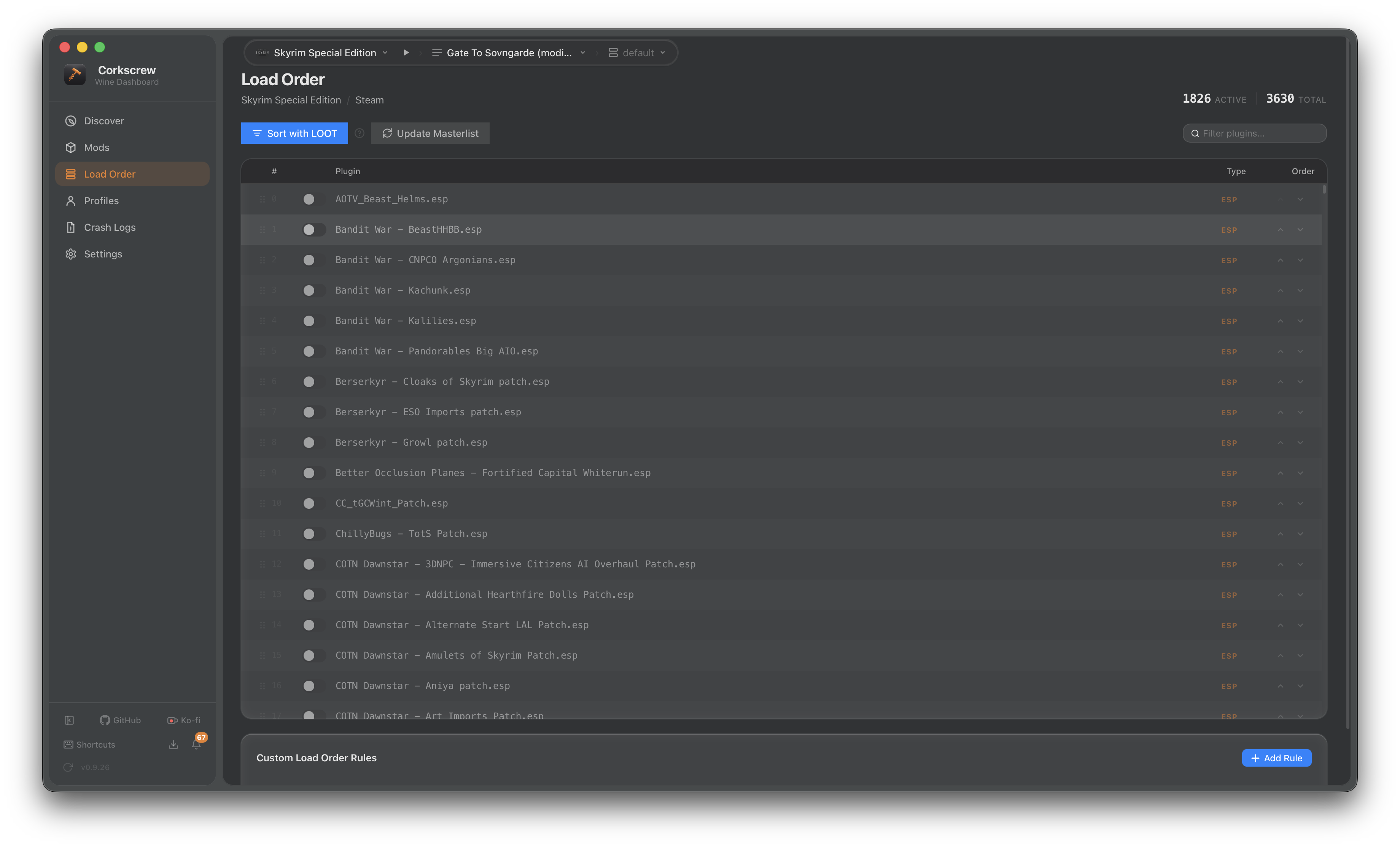 Corkscrew load order view
